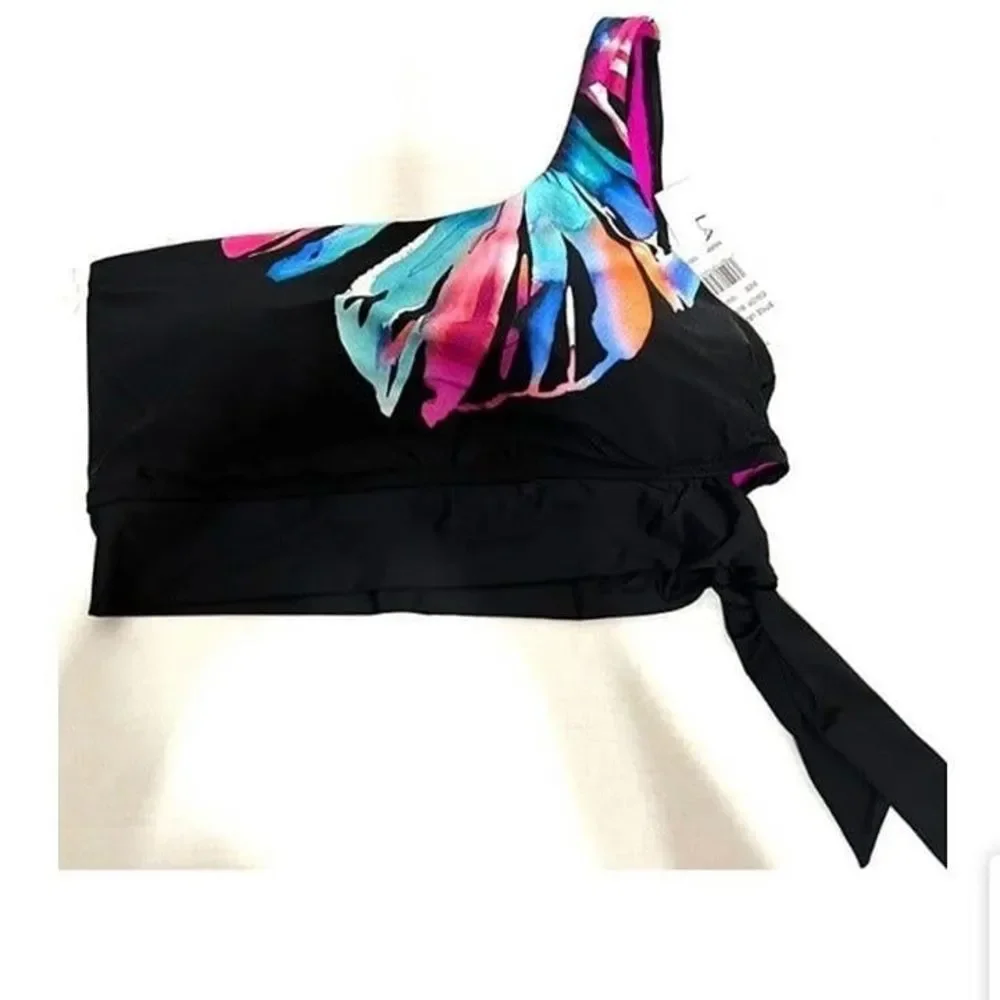 La Blanca NWT Sz 16W Black Multi Plus One Shoulder Swimsuit Top - Picture 3 of 6